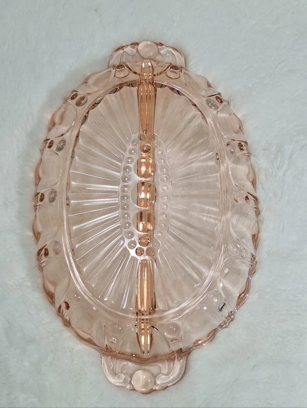 1940 Pink Depression Glass Divided Relish Dish Anchor Hocking Oyster & Pearl